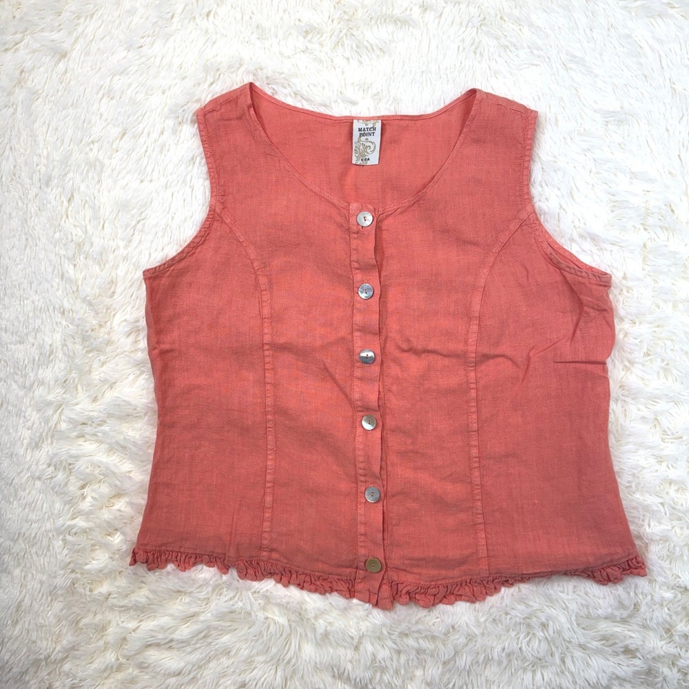 Match Point Tank Top Womens Medium Coral Linen Button Down Ruffle Hem Sleeveless